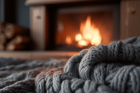 Close-up view of soft wool blanket texture near a cozy fireplace in a warm living room settingの素材