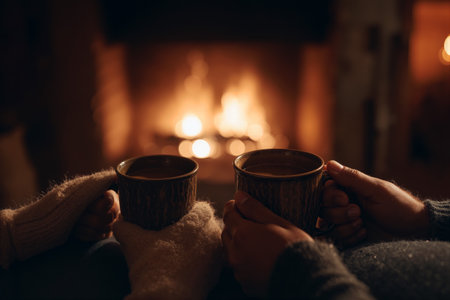 Couple enjoys warm drinks by a cozy fireplace on a chilly eveningの素材