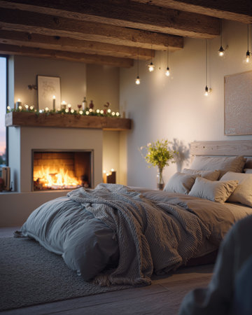 Cozy bedroom with soft bokeh lights and warm fireplace creating a relaxing atmosphere at twilightの素材