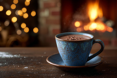 Warm cup of hot chocolate rests on wooden table near a cozy fireplace with glowing lightsの素材