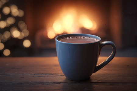 Cozy cup of hot chocolate on a wooden table next to a warm fireplace with a festive atmosphereの素材