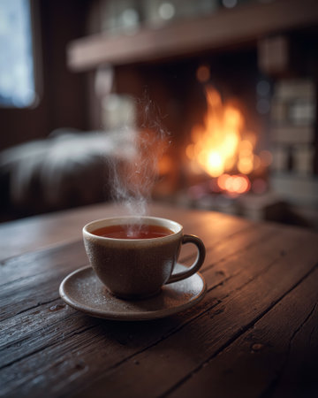 Steaming cup of tea on wooden table near cozy fireplace in warm living room settingの素材