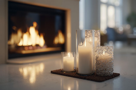 Decorative candles illuminate a cozy fireplace setting in a warm living room spaceの素材