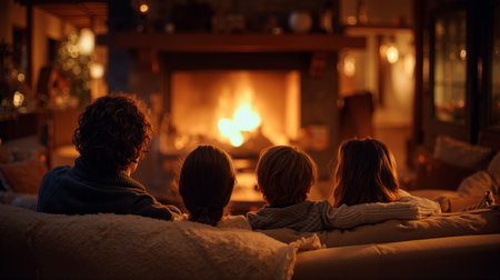 Family enjoying a cozy evening together by the warm fireplace in their living room during winterの素材