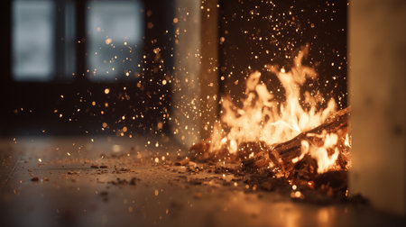 Fire sparks rise from a modern fireplace filled with logs during an evening gathering in a cozy living roomの素材