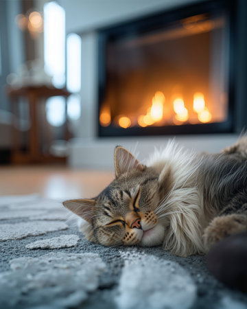 Fluffy cat peacefully sleeping in front of a warm fireplace on a cozy eveningの素材