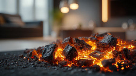 Glowing embers create a warm and inviting atmosphere in a modern indoor setting at nightの素材