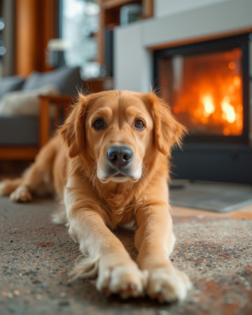 Golden retriever stretches comfortably in front of a warm fireplace on a cozy evening at homeの素材
