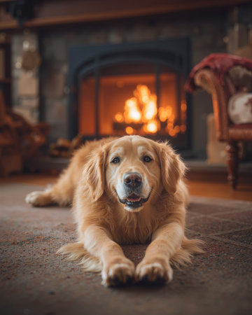 Golden retriever stretches comfortably in front of a cozy fireplace in a warm living room settingの素材