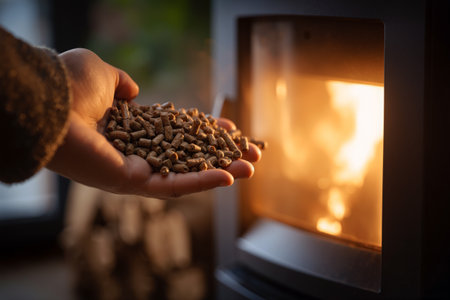 Hand feeding wood pellets into a cozy stove for heating during winter evenings in a warm home environmentの素材