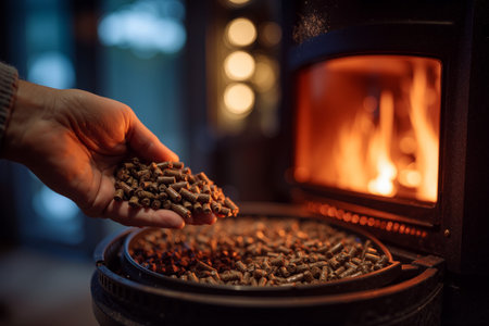 Hand feeding wood pellets into a warm stove with active flames for heating in a cozy settingの素材