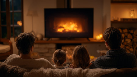 Happy family enjoys cozy evening watching TV with a warm glow from the fireplace in their living roomの素材