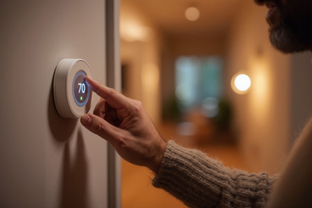 Man adjusts smart home thermostat to improve indoor comfort in modern living space during evening hoursの素材