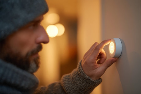Man adjusts smart home thermostat for optimal comfort in a cozy living spaceの素材