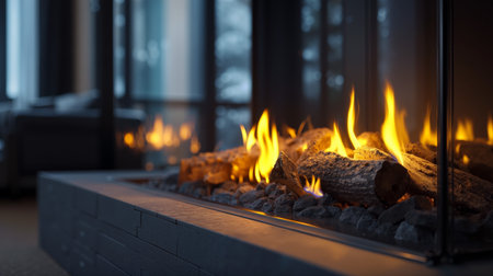Modern fireplace creates a cozy atmosphere in a luxury home interior with sleek design and warm flamesの素材