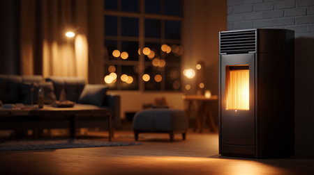 Modern living room features warm pellet stove glowing at night with cozy seating and ambient lights for a peaceful atmosphereの素材