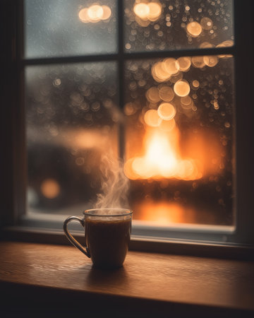 Steaming mug on windowsill with blurred fire background creating a cozy atmosphere during a rainy eveningの素材