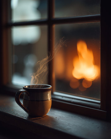 Steaming mug rests on a windowsill, inviting warmth against a cozy backdrop of flickering flamesの素材
