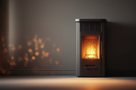 Stylish pellet stove enhancing a minimal interior with warm glow and modern design elementsの素材