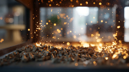 Burning wood pellets create a warm glow in a glass container during evening hoursの素材