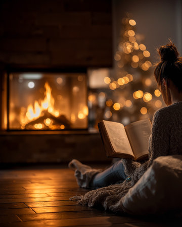 Cozy evening with a woman enjoying a book by the modern fireplace during the holiday seasonの素材