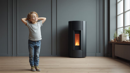 Relaxed child stands confidently in a cozy room with a warm fireplace on a calm dayの素材