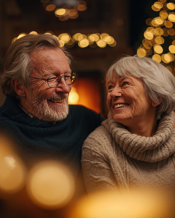Senior couple shares joyful moment in cozy living room decorated for holidaysの素材
