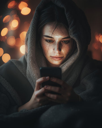 Woman wrapped in a cozy blanket while using her smartphone in a warmly lit room during evening hoursの素材