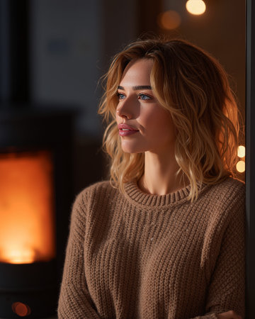 Cozy sweater weather moment captured indoors by the warm glow of a fireplace in the eveningの素材
