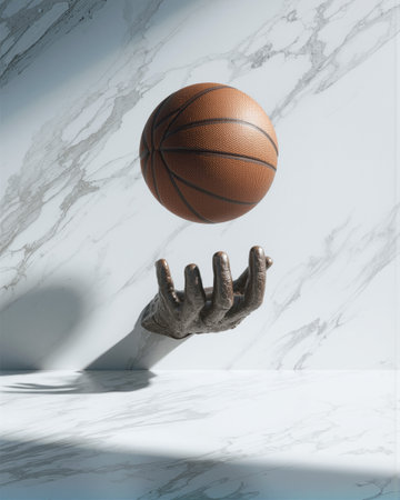 Basketball hovers in mid-air above a marble surface, showcasing a unique composition of sport and art in a modern settingの素材