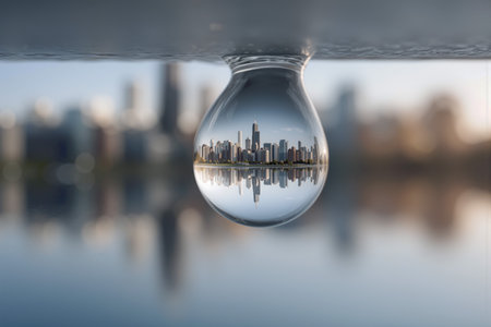 City skyline beautifully reflected in a drop of water, showcasing urban scenery and tranquilityの素材