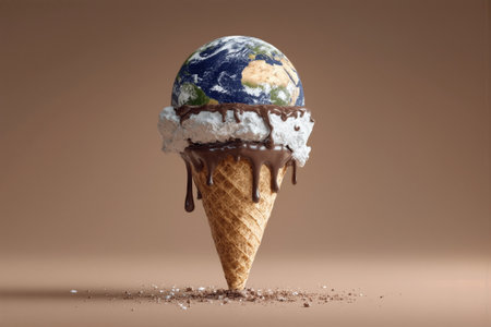 Dripping ice cream cone featuring a globe with chocolate and whipped cream on a neutral backgroundの素材
