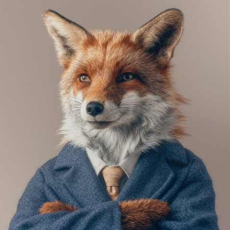 Confident fox in a tailored business suit exudes charm and professionalism in a neutral settingの素材
