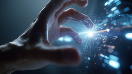 Hand reaches toward interactive holographic display in a futuristic setting during a technology showcase eventの素材