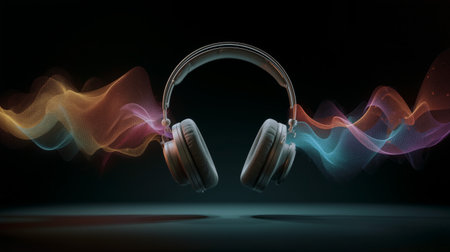 Music waves create colorful patterns around floating headphones in a dark settingの素材