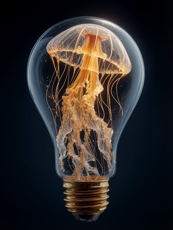 Jellyfish floating gracefully inside a clear light bulb creating a unique art pieceの素材