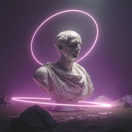 Marble bust illuminated by glowing rings in a surreal setting with floating rocksの素材