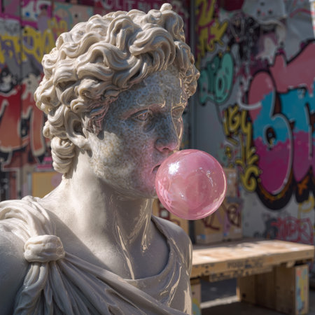 Marble statue of a classical figure blowing bubblegum in a colorful urban settingの素材