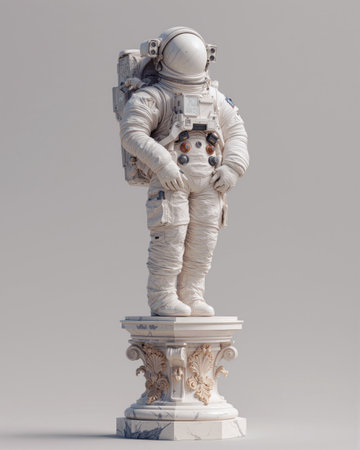 Marble statue of an astronaut wearing a helmet stands proudly on a decorative pedestal in a serene settingの素材