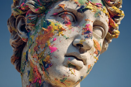 Marble statue adorned with colorful paint splashes in an outdoor setting during daylightの素材