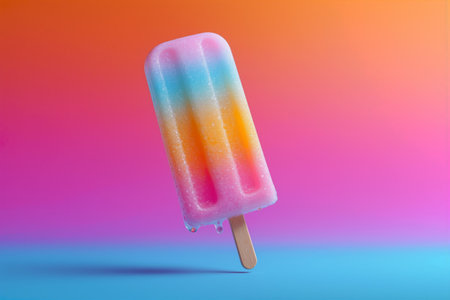 Colorful melting popsicle against a vibrant background with shades of pink and blueの素材