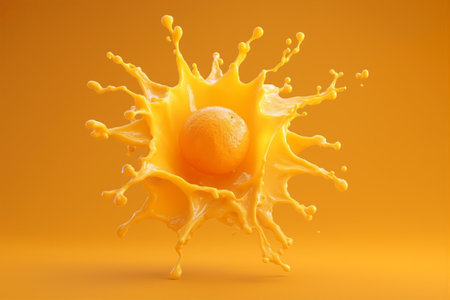 Bright orange juice splash forms a sun shape on a vibrant yellow backgroundの素材