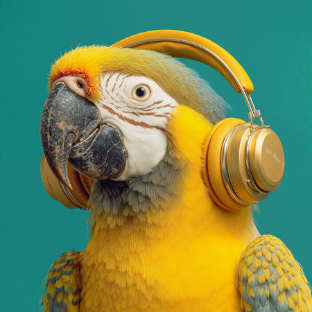 Parrot wearing golden headphones enjoys music in a vibrant setting with colorful backgroundの素材