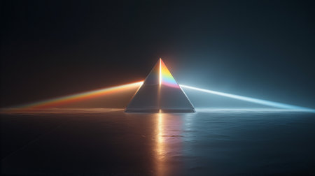 Rainbow light beam creates vivid spectrum effects through a triangular prism in a dark setting with smooth surfaces and a mystical atmosphereの素材