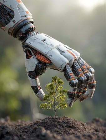 Robot hand carefully planting a small tree in fertile soil to support environmental sustainability effortsの素材