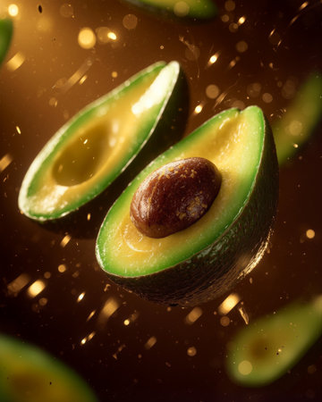 Sliced avocado reveals golden pit in a luxurious setting with vibrant colors and contrasting texturesの素材