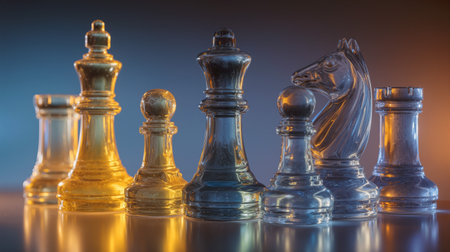 Glowing transparent glass chess pieces arranged elegantly on a dark surface with soft colorful lightingの素材