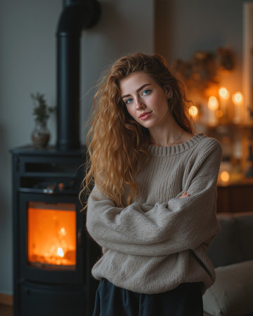 Cozy woman stands warmly in front of a crackling fire on a chilly evening at homeの素材