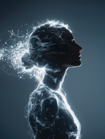 Womans silhouette illuminated with digital patterns reflects the fusion of technology and art in a modern settingの素材