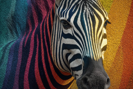 Zebra pattern blending into vibrant colors with striking details and texturesの素材